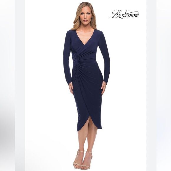 New La Femme 29812 Navy Mother of the Bride Midi Dress Size 10 - Picture 1 of 13